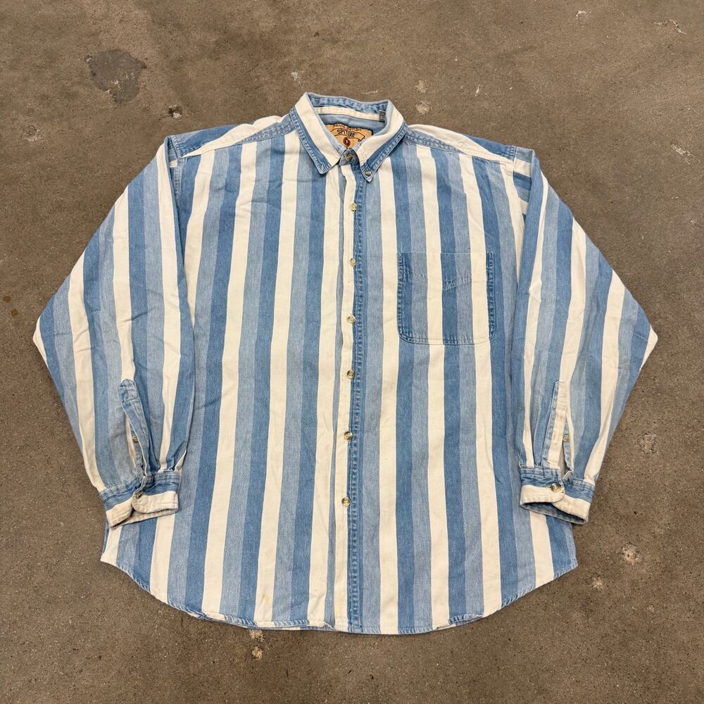 Vintage 90s Denim Spitfire Striped Western Cowboy Button Down Shirt Blue XL